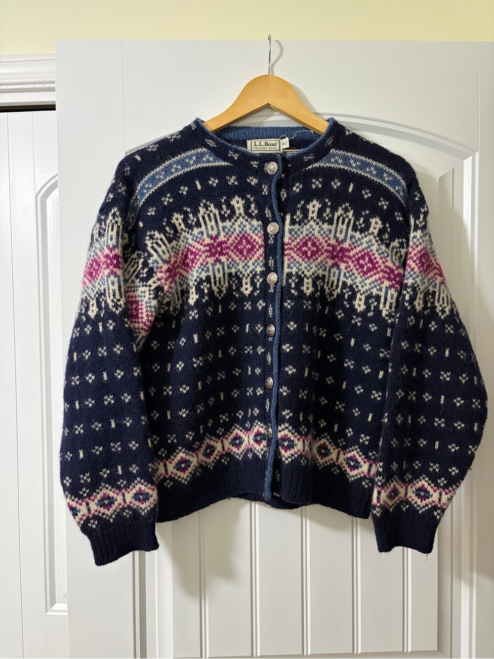 Vintage L.L. Bean Navy Fair Isle Wool Cardigan Sweater